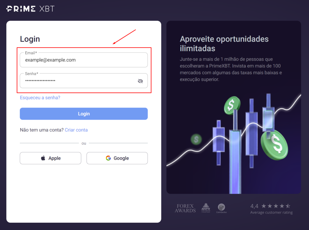 Credenciais de login da PrimeXBT.