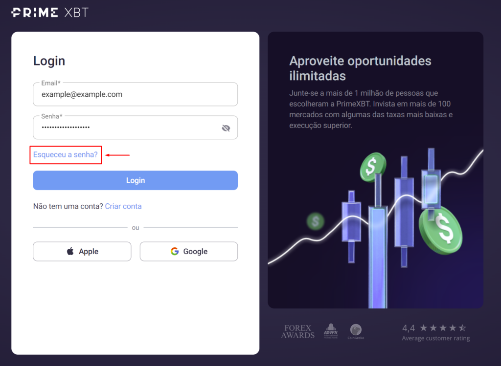 Esqueceu a senha da PrimeXBT.