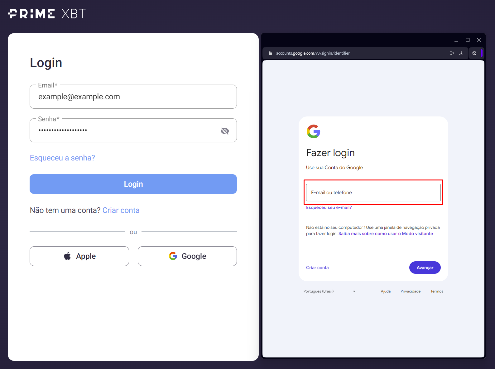 Login na PrimeXBT via conta Google.