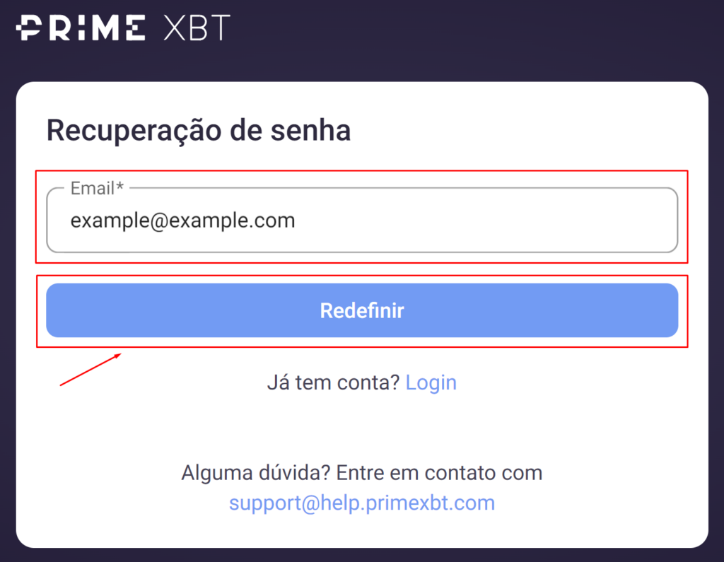 Recuperação de senha da PrimeXBT.